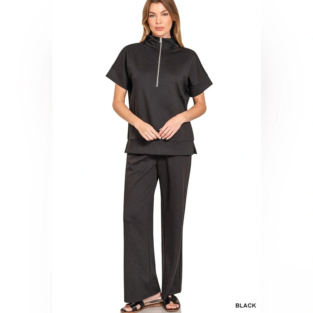 Zenana SCUBA HIGH NECK HALF ZIP TOP & PANTS SET - Picture 2 of 2